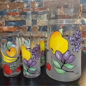 Vintage Fruit Glass Pitcher and Tumbler Set - Yellow Pear & Purple Grapes